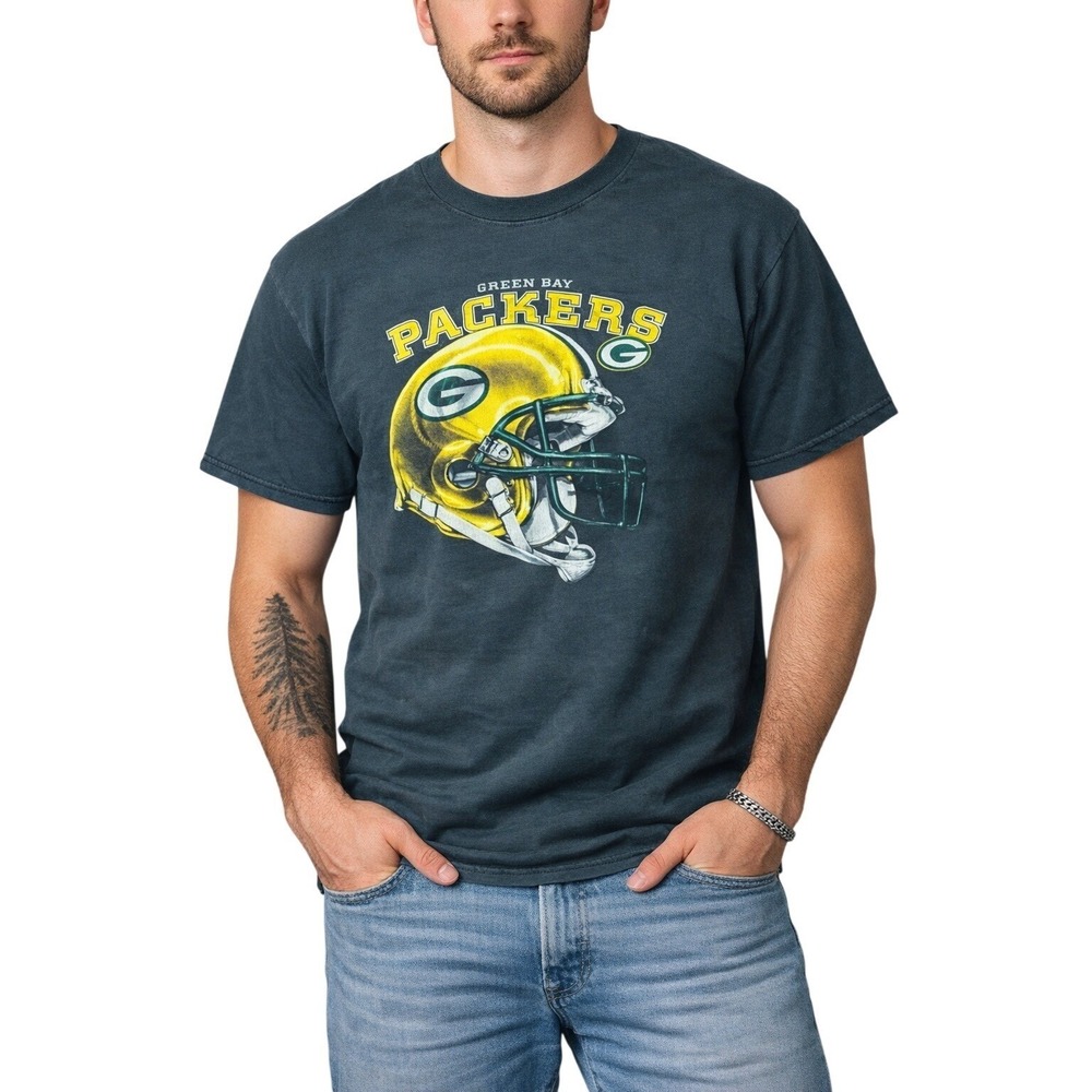 NFL Green Bay Packers VTG T-Shirt Mens XL Black Helmet Graphic Print 90s Cotton